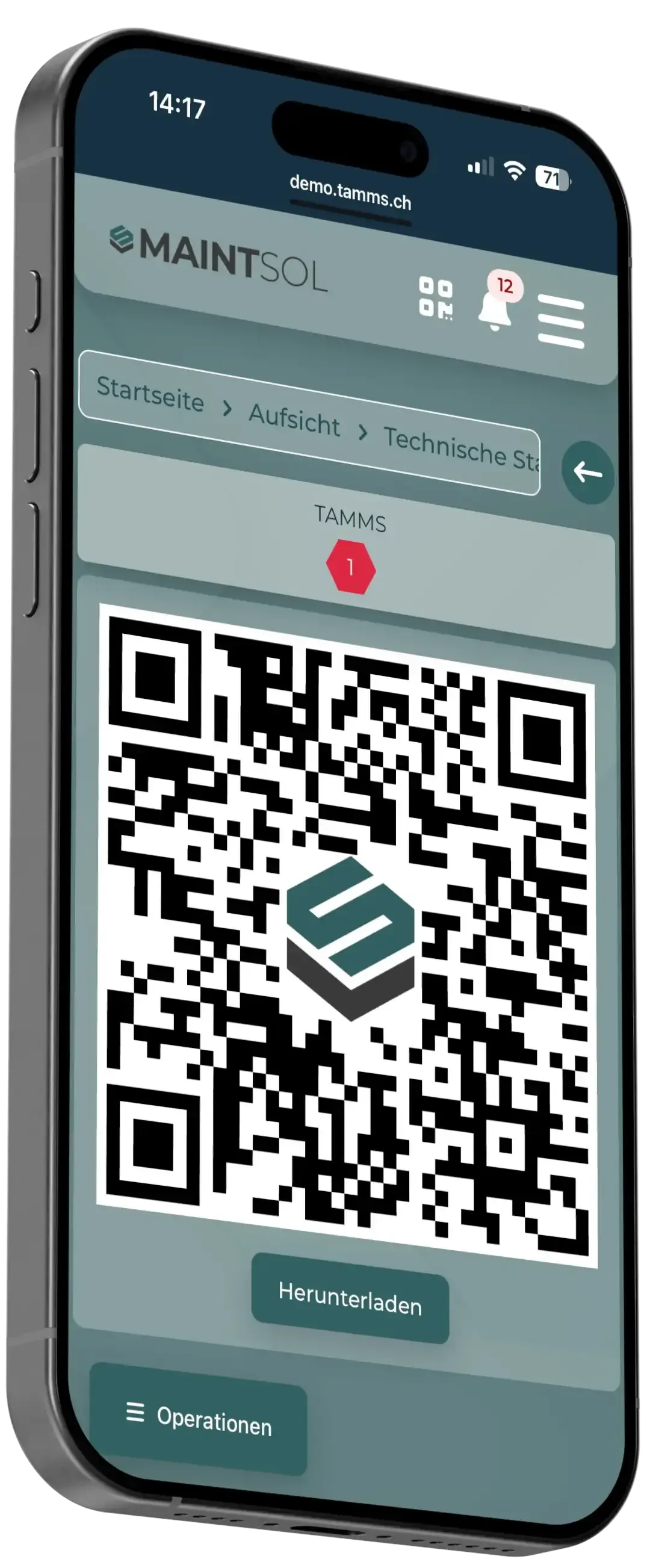 TAMMS Maschinenidentifikation per QR-Code in der mobilen Ansicht