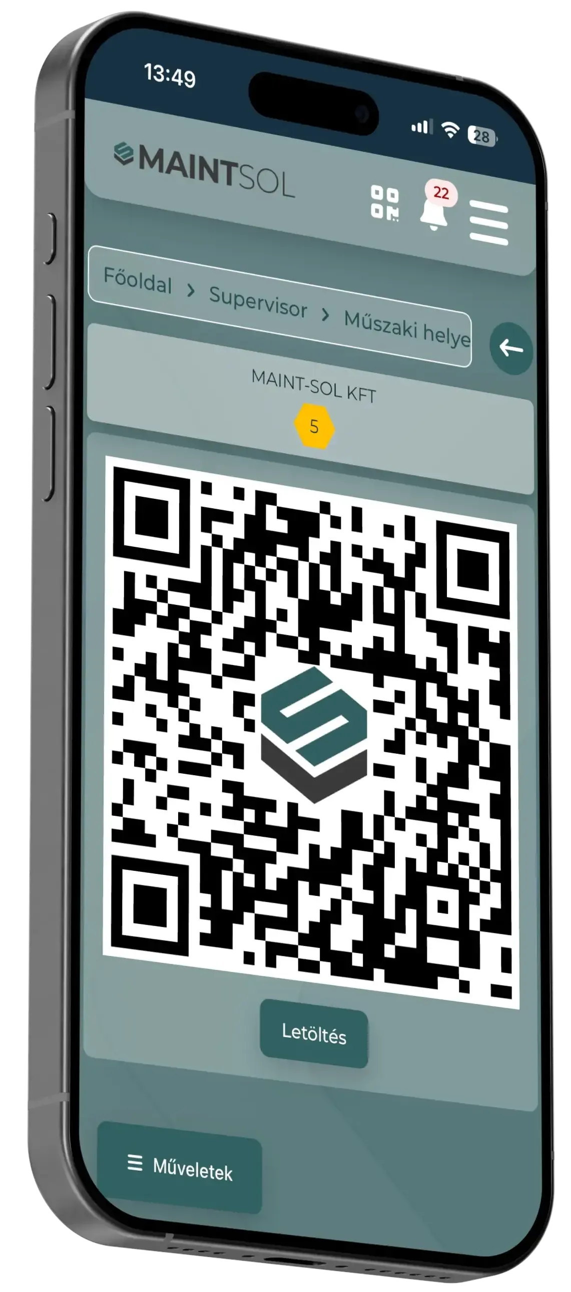 TAMMS QR-kódos gépazonosítás mobilnézetben